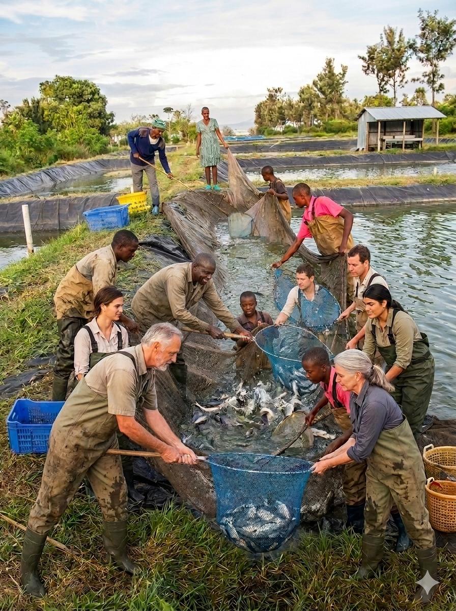 Field visit to a neighboring fish and pig farm